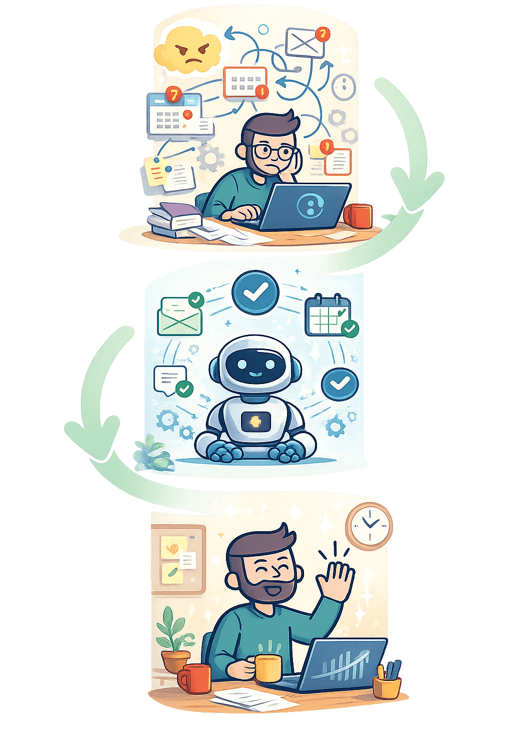 Illustration showing the journey from chaotic manual workflows to automated processes and finally to a calm, efficient workday