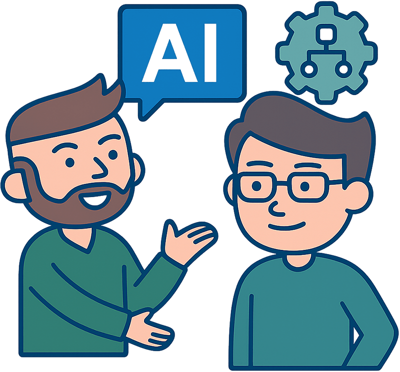 AI integration consultation illustration — business professional discussing automation strategy with robot icon