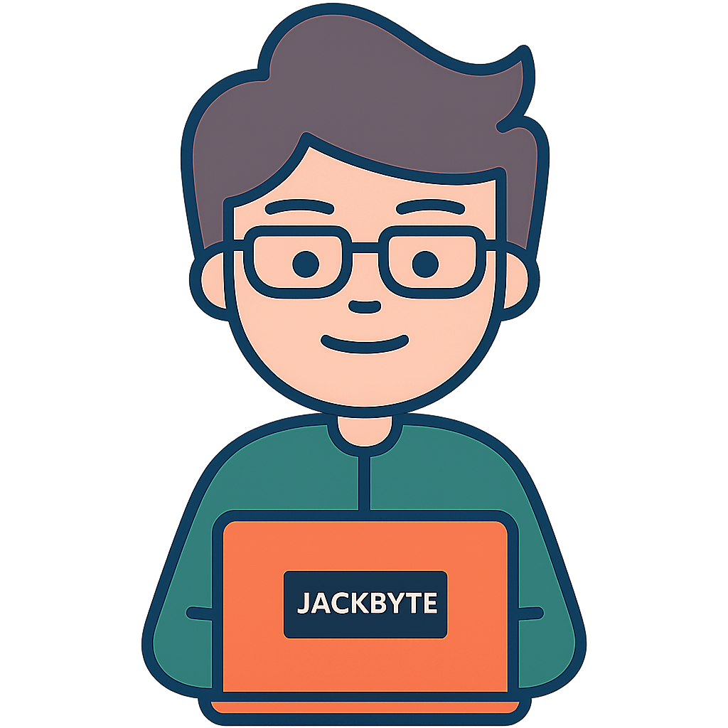 Developer creating custom AI automation tools on laptop with Jackbyte logo — flat cartoon illustration